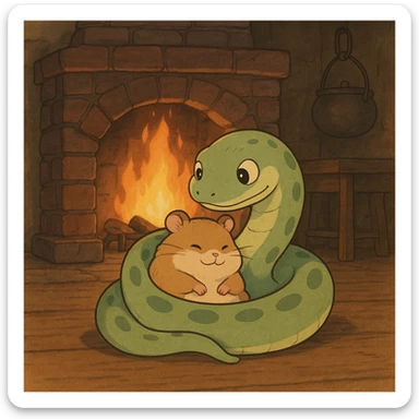 ghibli style snake hugging a hamster by a fireplace, cozy and warm atmosphere sticker