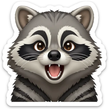 Cinematic-Cute-Yawning-Raccoon-Portrait-Emoji – Head tilted slightly with a dramatic, wide-open yawn, revealing a soft grey and black fur coat with a striped bushy tail, round brown eyes barely open in drowsy curiosity. sticker