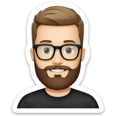 Fair-skinned man with full beard, short hair styled upward, large black-framed glasses, smiling, wearing black athletic fabric shirt sticker