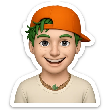 Transform the character into a white guy with bright green hair, remove the glasses, keep the orange cap, big smile, and tattoos. Maintain the same style as the original image. Transparent background. sticker