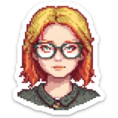 A red-haired girl with blond eyebrows and square glasses sticker