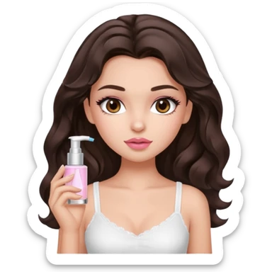 generate a pretty fair bratz girl with dark brown eyes. Dark brown hair wavy hair. light pink lipgloss. white cami top. doing skincare.  sticker