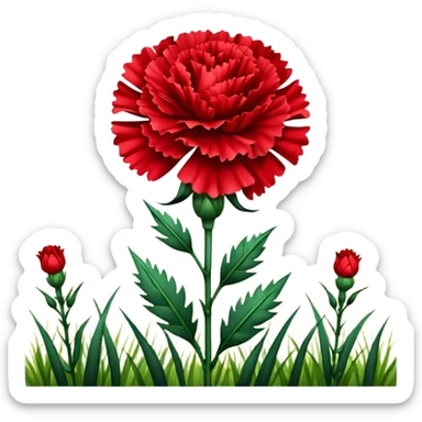 A bright red carnation flower in full bloom, standing tall in a sunlit field sticker