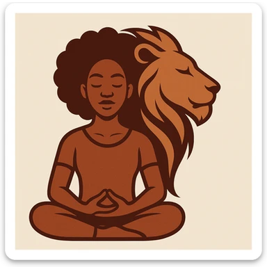A stylized icon of a Black woman meditating, her head morphing into a lion's head, symbolizing strength and serenity. sticker