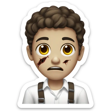 boy zombie teen with scared expression and dark brown hair and white slim shirt; brown eyes all black background sticker