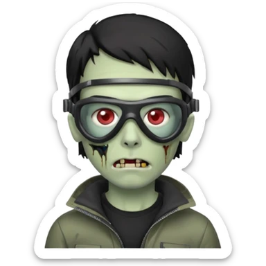 Zombie Emoji AppleIOS Style, lowfade Black Hair, Ski Goggles on right slide of The Head, and Black T-shirt sticker