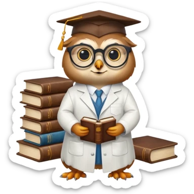Wise bird with glasses, wearing a lab coat, perched on a stack of books. sticker