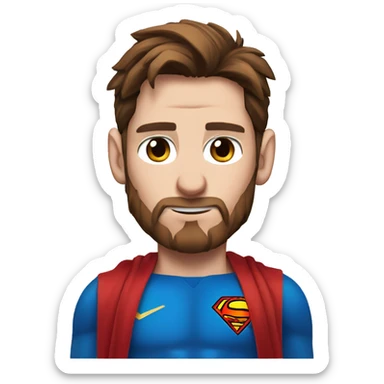 Messi with blue eyes, with a goat, redish brownish hair redish beard, blue eyes, dressed as superman sticker