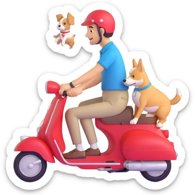 man and his pet dog riding a vespa sticker