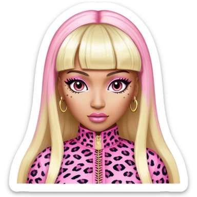 Nicki Minaj in pink and white leopard print outfit from Super Bass music video with bangs and split-dyed hair blonde on left side pink on right side sticker