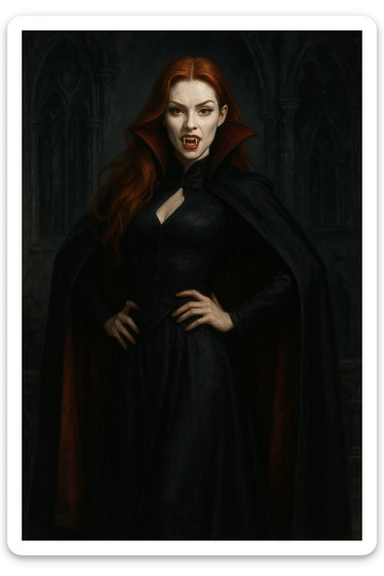 vampire girl with long ginger hair, classic vampire attire, confident pose sticker