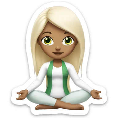 a very beautiful girl with a proportioned face smaller than her body and a long white blonde and green eyes is sitting in a yoga pose sticker
