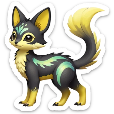 Rare realistic exotic black iridescent warm-yellows pastel gradients cute epic pretty beautiful handsome gorgeous aesthetic colorful vibrant Vernid-Trico-species-Fakemon-creature by LiLaiRa, 4 legs, 1 tail, random markings, (full body) sticker