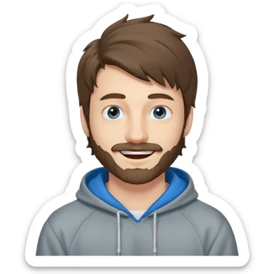 25 year old man, short scruffy beard and thin moustache, brown puffy mullet, blue eyes, big smile, white teeth, big lips, pronounced jaw, hair longer in back, sticking up on top, thin face, grey hooded sweatshirt, pale skin, big smile, blue eyes, puffy hair sticker