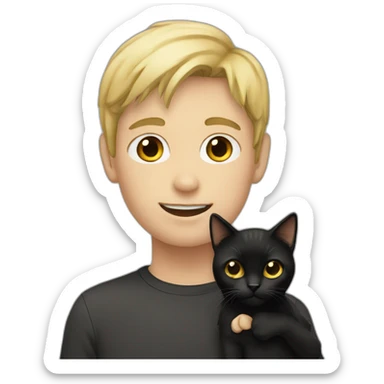 Boy with blonde hair holding a black cat sticker