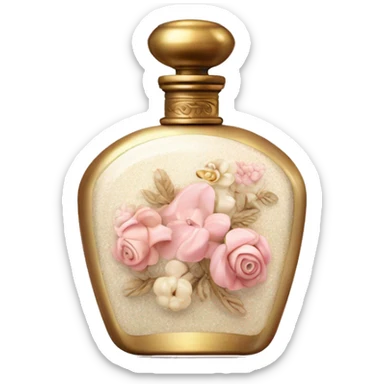 Vintage perfume bottle in antique Greek style, white, pink and beige, oil perfume inside, sequins and flowers fluttering around sticker