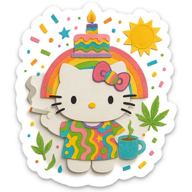 psychedelic maximalist birthday, Hello Kitty, Sunny in Philadelphia, coffee, cigarettes, weed, giant cake, confetti, rainbow palette, trippy patterns sticker