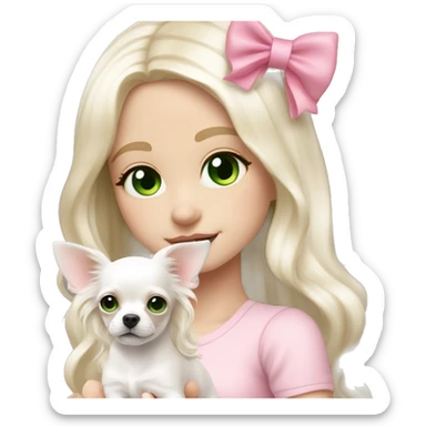 pale blond yt girl with wavy long platinum white hair with bright green eyes holding a white chihuahua puppy that wearing a pink bow sticker
