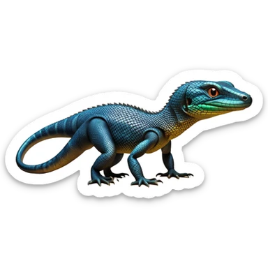 cinematic-monitor-lizard-realistic-full-body-standing on all fours-emoji,-long-powerful-tail-dragging-slightly-behind,-sleek-scaled-body-textured-with-rich-patterns,-head-tilted-dramatically,-dark-intense-eyes-observing-its-surroundings,-simplified-yet-realistic-focused-features,-highly-detailed,-glowing-with-an-almost-sarcastic-glow sticker