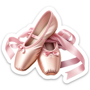 Cinematic Realistic Ballet Shoes, soft satin pink pointe shoes with delicate ribbons, resting gently on a polished wooden floor, subtle creases in the fabric, glowing under the warm golden light of a rehearsal studio, evoking elegance and grace. sticker