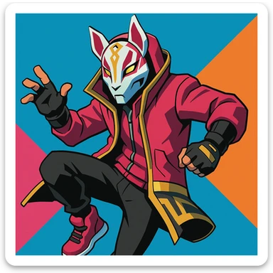 Fortnite skin Drift with fox mask, pink and gold jacket, dynamic pose, vibrant toon style sticker
