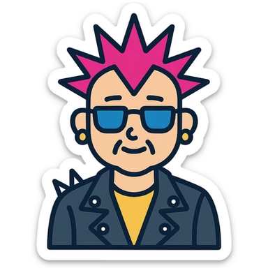 A punk grandma with a leather jacket, spiked hair, and sunglasses sticker