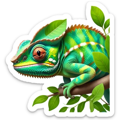 cinematic giant-smiling. chameleon-realistic emoji,-blending-with-vibrant-greenery.-detailed-scales-in-shifting-colors,-showing-the-chameleon’s-ability-to-camouflage.-soft-natural-light-highlights-its-texture.-light-background, zoomed into its face sticker