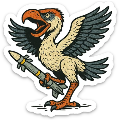 an insignia for a flag: a strange foreign alien bird creature, resembling a prehistoric phorusrhacos, gripping a sidewinder missile in its' powerful claw, standing up on its' other claw, cawing fiercely, wings spread in defiance.
 sticker
