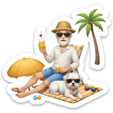 white man grey hair beard holding a white Maltese relaxing on a beach full body 1 dog sticker