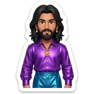 King Solomon with hazel eyes, long black hair, royal purple metallic shirt, blue metallic baggy pants, gold necklace and earrings sticker