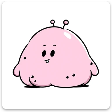 Majin Buu from Dragon Ball Z, pink blob monster with holes, antenna on head, mischievous smile sticker
