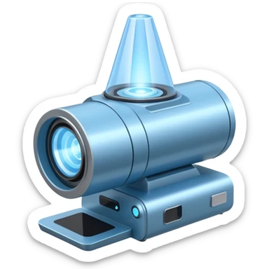 Flat emoji of a wrist-mounted hologram projector emitting a soft blue light cone, simple shapes, modern sci-fi style sticker