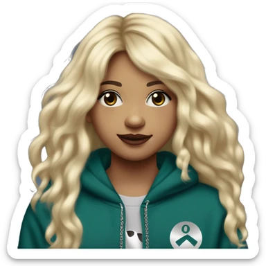14 year old with long light blonde hair, middle part, chin length curtain bangs, smirking smile, dark teal eyes, long black eyelashes, wears a mulberry hoodie, black leggings, mulberry converse, black pearl earrings, wears a silver cancer sign necklace. sticker