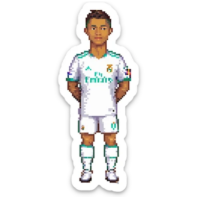 Cristiano Ronaldo in a Real Madrid uniform, pixel art style, with transparent background. sticker