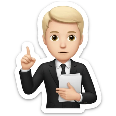 A white man in a black suit stands with a serious face and points at his hand holding papers. sticker