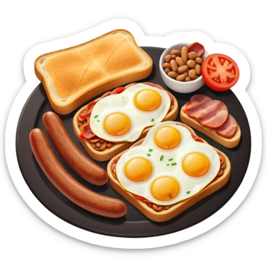 full English breakfast with eggs, bacon, sausage, beans, toast, and tomato sticker
