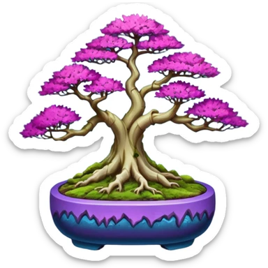 Futuristic wild glowing et alien moss maples Bonsai hair-fine-leaf group crimson crystal boxwood purple and cream pink blue informal rocky cliffhanger forest planting in shallow slab style pot  sticker