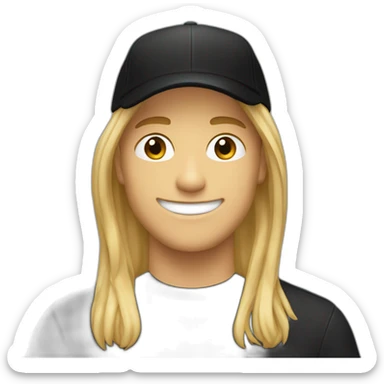 smiling young man with long blond hair sticking out behind his black cap sticker