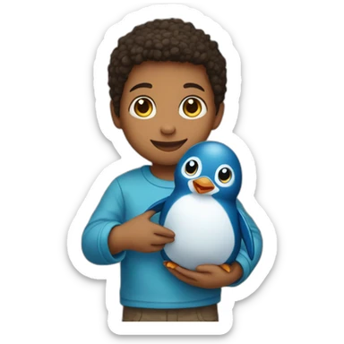 child holding a cute blue penguin plush sticker