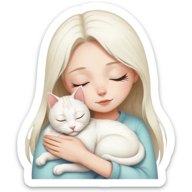 a closing eyes girl hugs a white jinjila cat,the cat’s eyes are open sticker