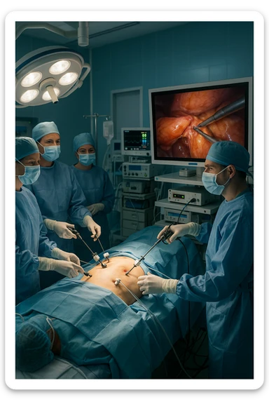 A realistic, clinical image inside a modern operating room during a laparoscopic cholecystectomy (gallbladder removal surgery). A team of surgeons in sterile gowns, masks, and gloves focus intently on the patient lying on the operating table. High-tech laparoscopic instruments are inserted through small incisions in the patient’s abdomen. On a large screen nearby, a close-up video feed shows the gallbladder being carefully dissected and removed using precise surgical tools. The environment is brightly lit with cool white surgical lights, and all medical equipment is clean and state-of-the-art. The mood is professional and sterile, conveying a sense of precision, care, and medical expertise. The patient is under anesthesia, covered with sterile drapes, with monitoring devices attached sticker