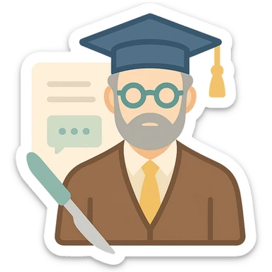 sleek clinical icon of a dignified intellectual professor with classic academia style, subtle scalpel sub-graphic, minimal document background with implied text and AI chat interface hints, refined historic academic color scheme, minimal Apple-like aesthetic sticker