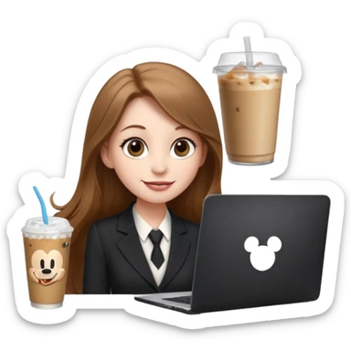Women in front of laptop has a Mickey sticker, with a happy face, face a little fuller, long light brown hair, light brown big eyes, light pale skin with a iced coffee on the side, business attire sticker