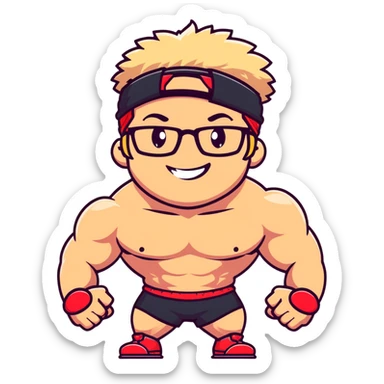 Man with black and white cap, shirtless muscular body, red shorts, clear glasses, messy light blond mullet hairstyle, flexing muscles and smiling sticker