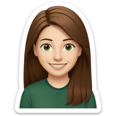 30 yr Caucasian woman long brown straight hair parted on side dark green shirt big smile sticker