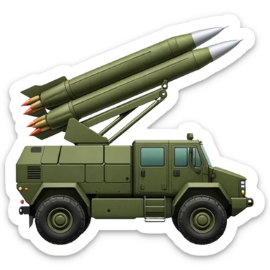 HIMARS military vehicle emoji, side view, very similar to real, six rocket tubes, military green, recognizable details sticker