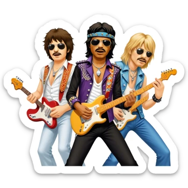 Icon for Rock Music: collage of iconic rock musicians—Klaus Meine, Jimi Hendrix, Kurt Cobain, Freddie Mercury, and Ozzy Osbourne—playing electric guitars and singing on stage. Capturing the powerful energy and rebellious spirit of rock. Transparent background. sticker