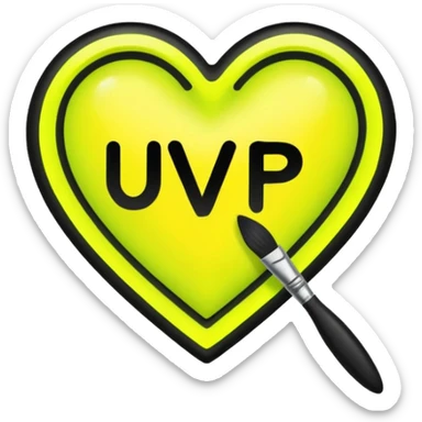 A neon yellow heart with black brushes inside the heart and The text UVP inside the heart sticker