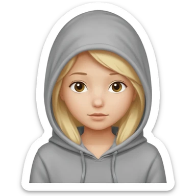blonde girl with her head covered in a sweatshirt and hood sticker
