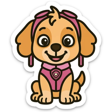 Puppy Patrol Sky emoji, sitting pose, smiling, colorful icon style sticker